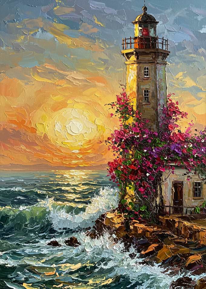 Lighthouse at Sunset Oil Painting