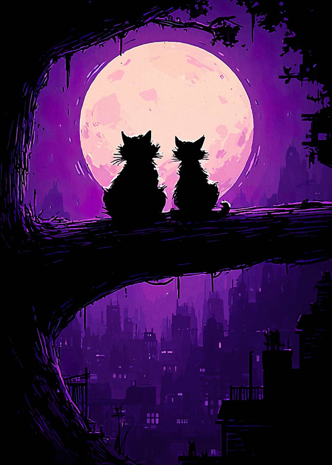 Cats on Branch Under Full Moon