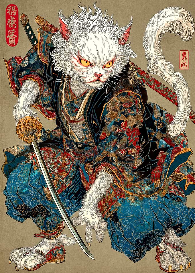 Samurai Cat Warrior Ukiyo-e Style
