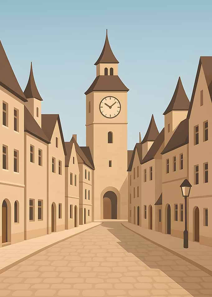 European Town Street with Clock Tower