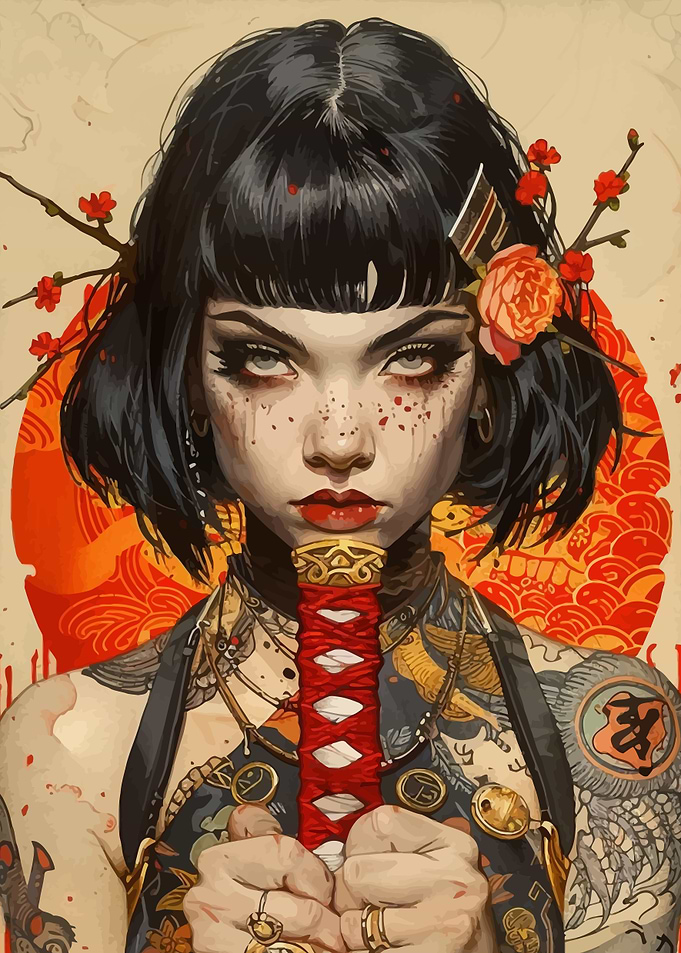 Tattooed Woman with Katana and Floral Accents