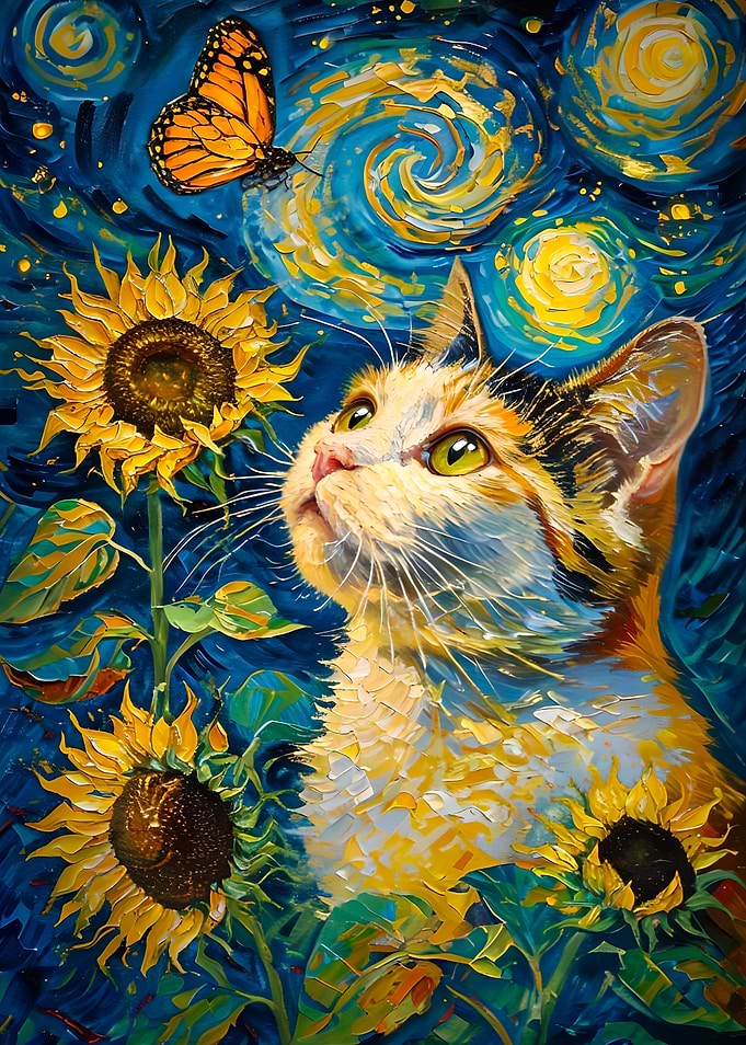 Cat, Butterfly, and Sunflowers Painting