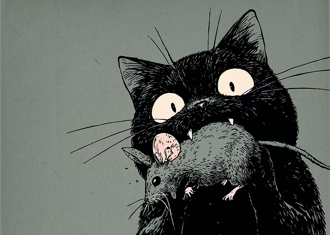 Black Cat with Mouse Illustration