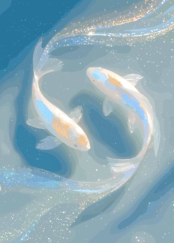 Two Koi Fish in Blue Water