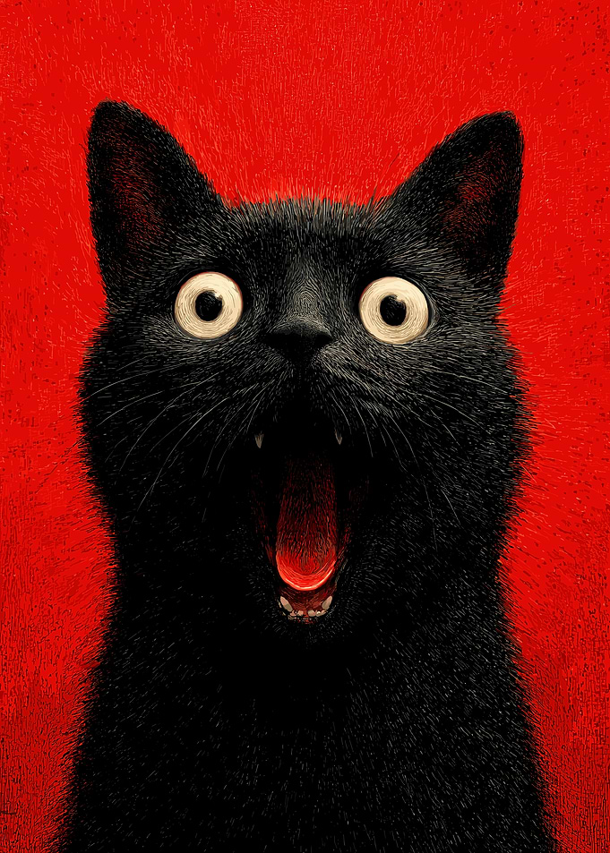 Surprised Black Cat Portrait on Red