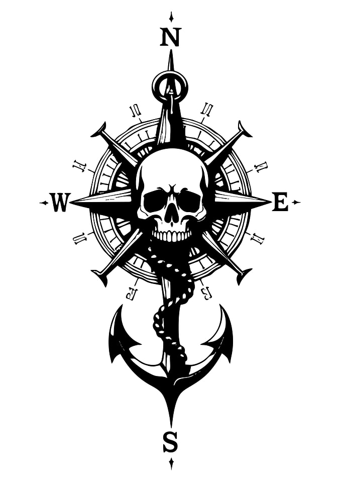 Skull Compass Anchor Black and White