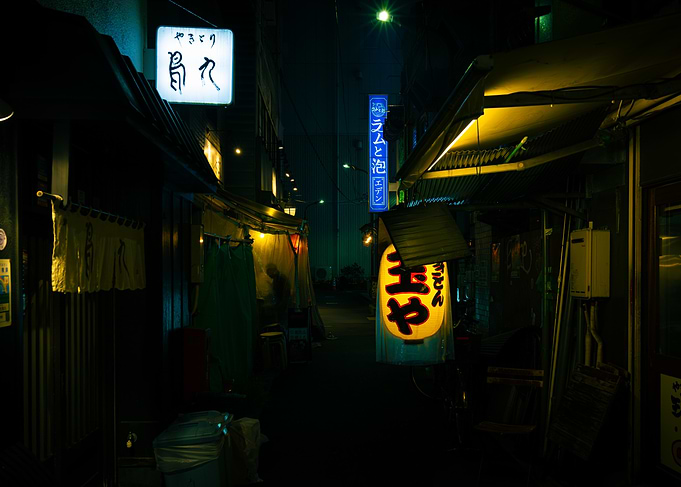 Nighttime Japanese Alleyway with Lanterns