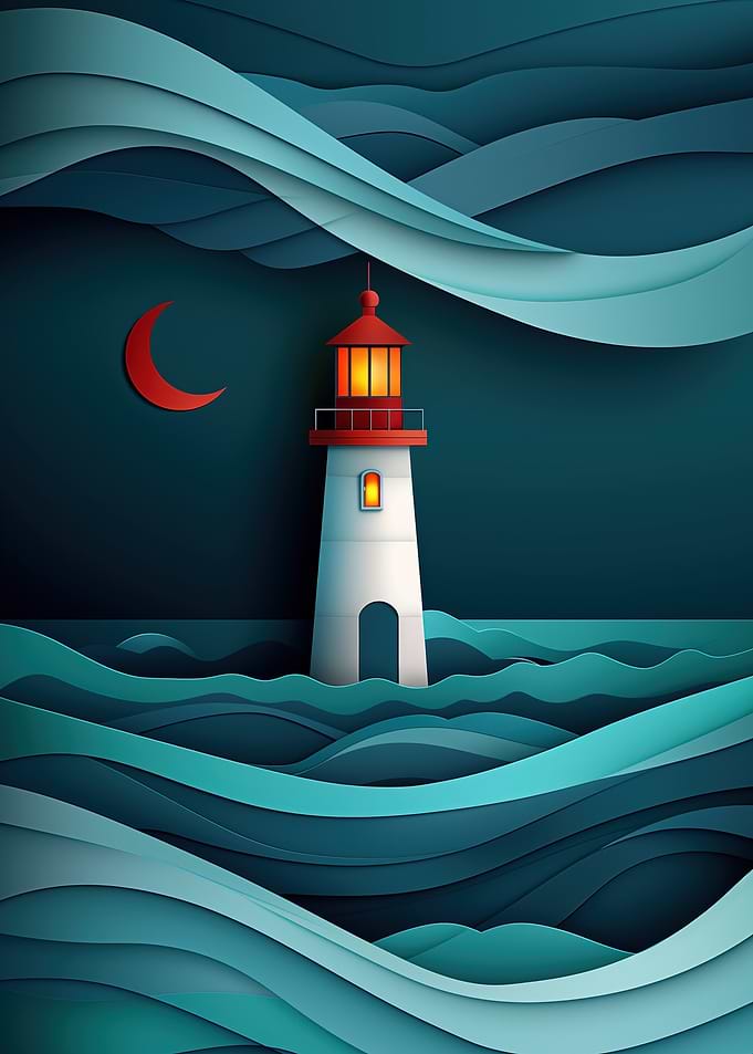 Lighthouse at Night Paper Cutout Style