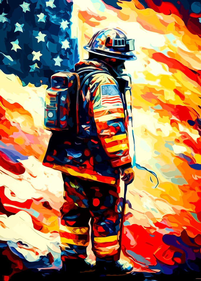 Firefighter with American Flag Painting