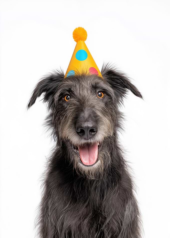 Happy Irish Wolfhound Dog with Birthday Hat