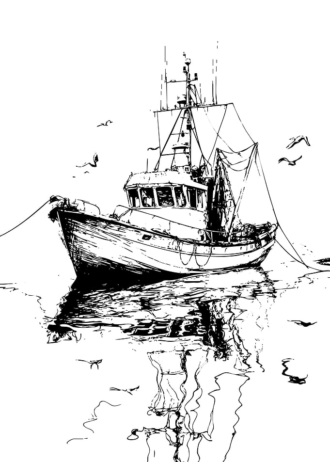 Fishing Boat Black and White Sketch