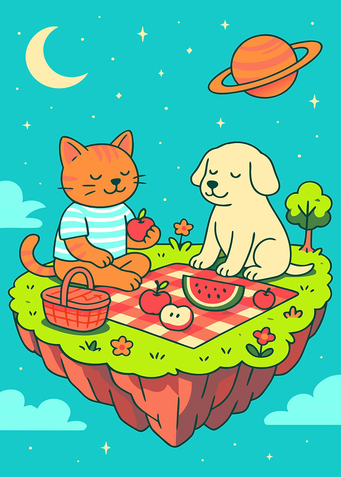 Cat and Dog Picnic in Space