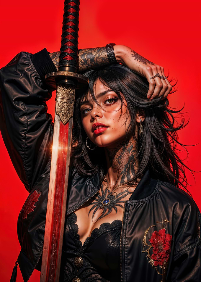Crimson Blade Guardian: Tattooed Warrior Woman with Katana on Red