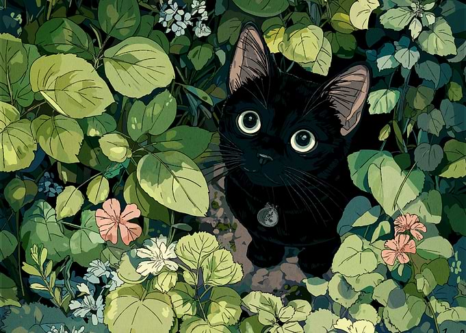 Black Cat in a Garden