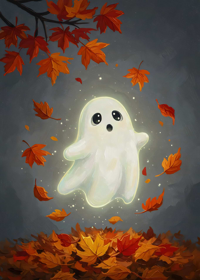 Cute Ghost in Autumn Leaves