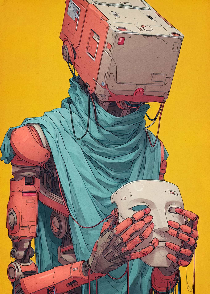 Robot with Mask on Yellow Background