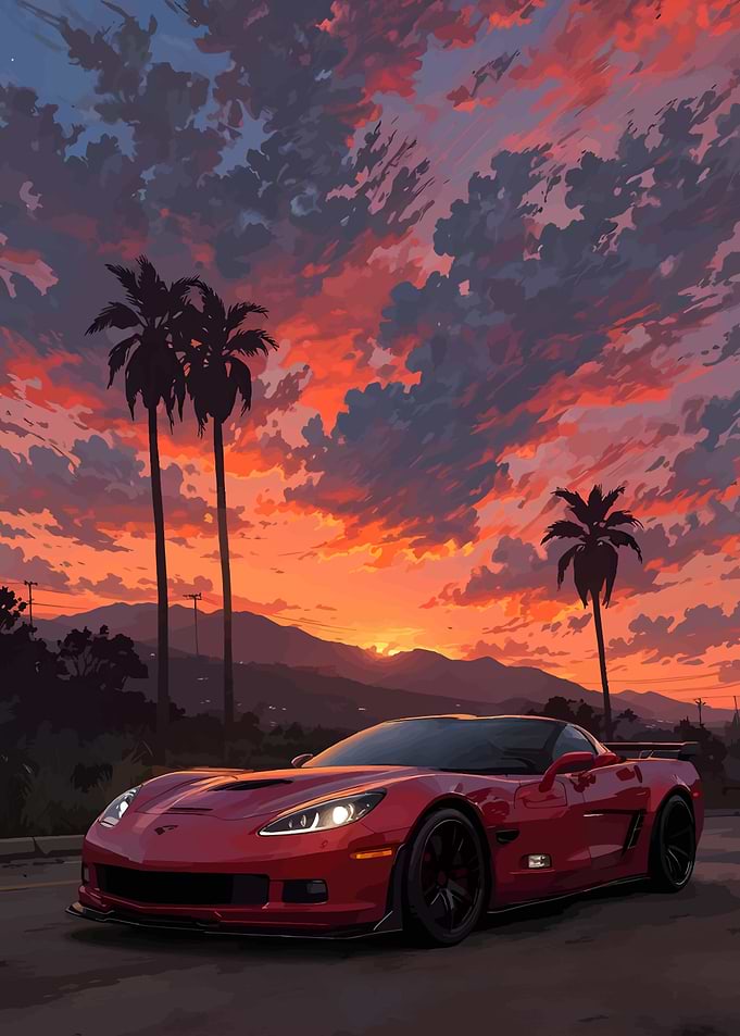 Red Corvette Sunset Drive