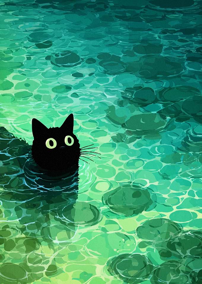Black Cat Swimming in Green Water
