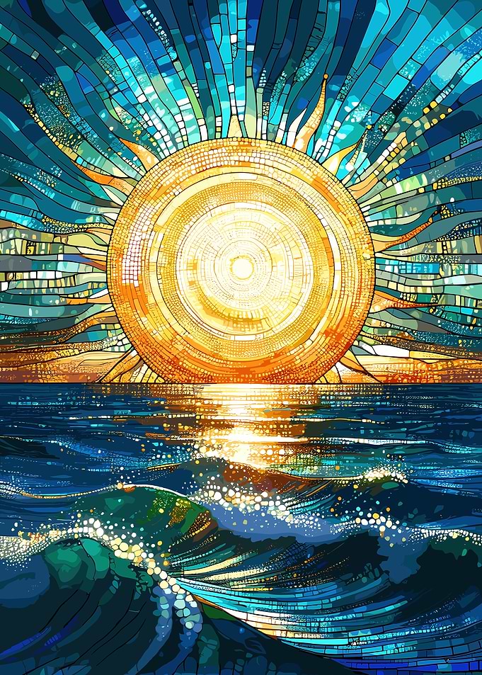 Mosaic Sun Over Ocean Waves