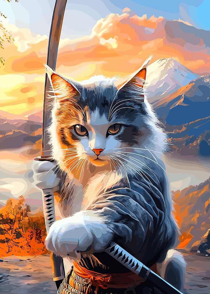 Cat Samurai with Swords and Mountain