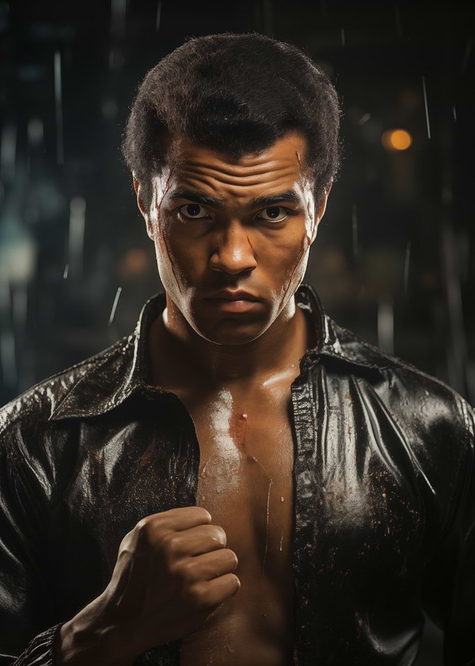 Determined Man in Rain with Scars