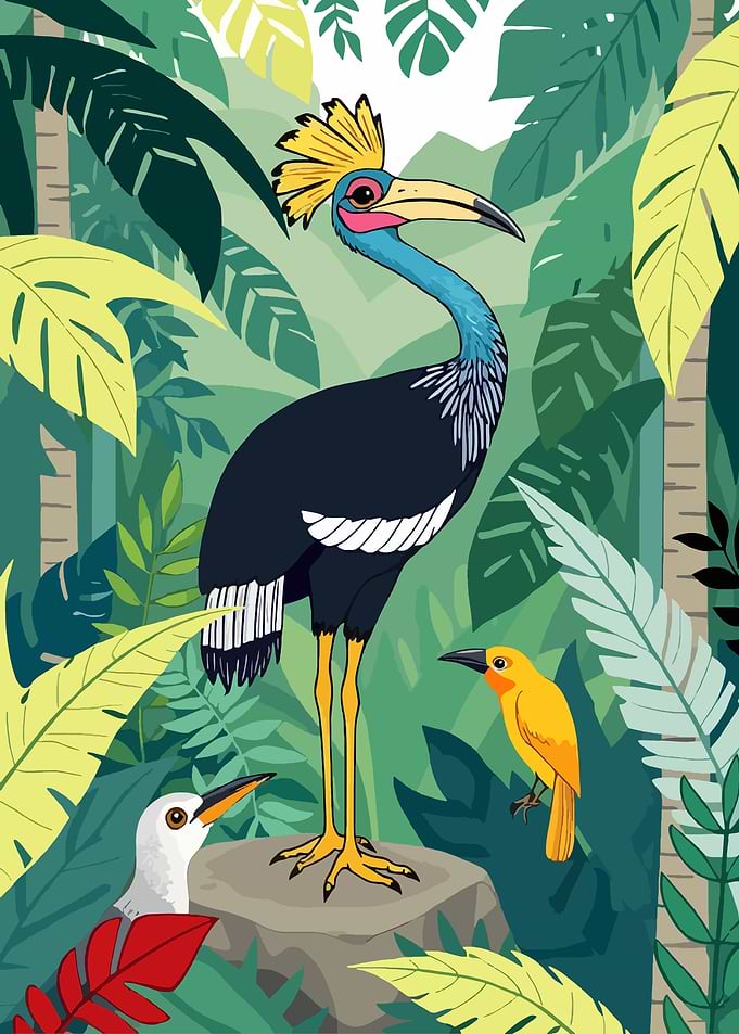 Tropical Birds in Lush Jungle Illustration
