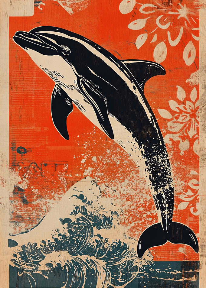 Dolphin Leaping Vintage Style Art