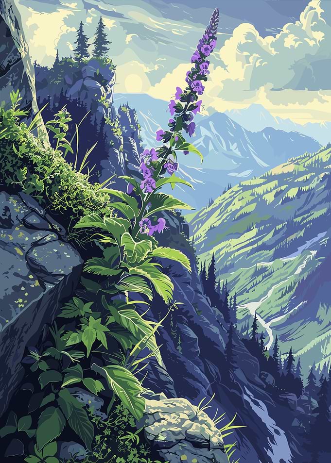 Mountain Landscape with Purple Flower