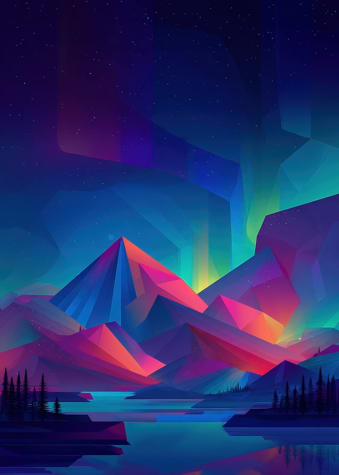 Colorful Geometric Mountain Landscape with Aurora