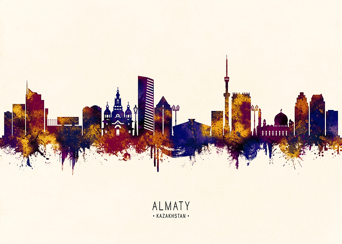 Almaty Kazakhstan Skyline Watercolor Silhouette
