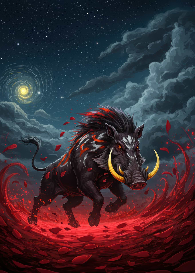 Fantasy Boar in Red Landscape