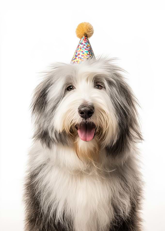 Old English Sheepdog with Party Hat