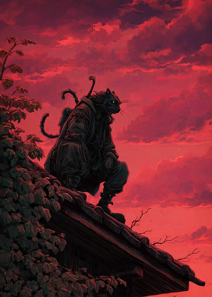 Anthropomorphic Cat Ninja on Rooftop