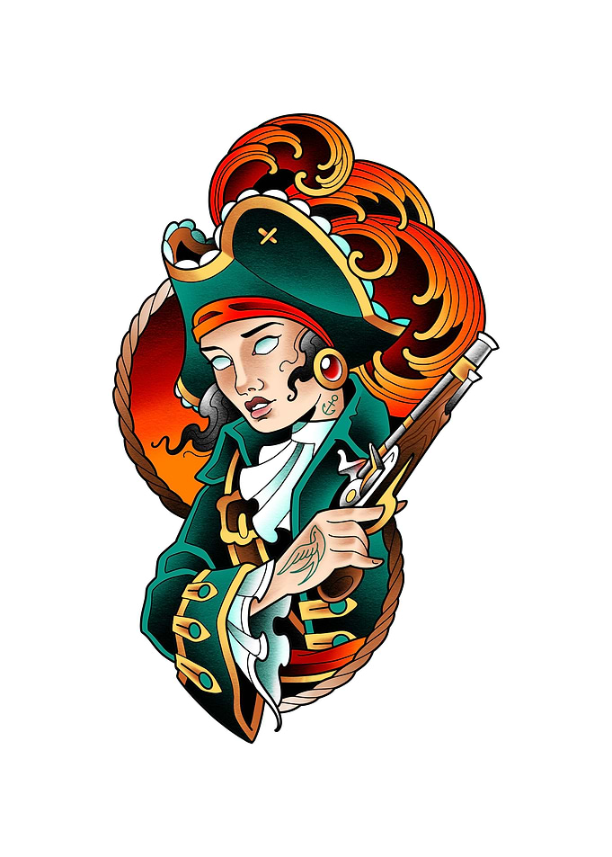 Pirate Woman with Gun Tattoo Art