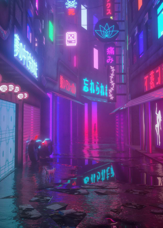 Neon Cyberpunk Cityscape with Reflections