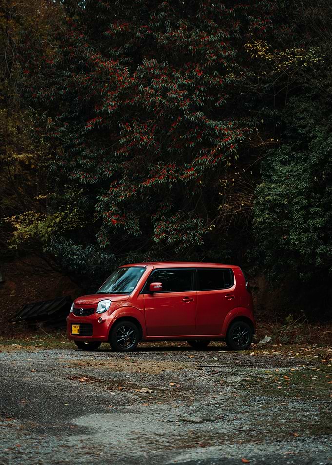 Red Car in Forest Setting