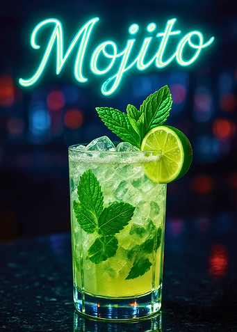 Mojito cocktail with mint and lime garnish in neon-lit glass with crushed ice