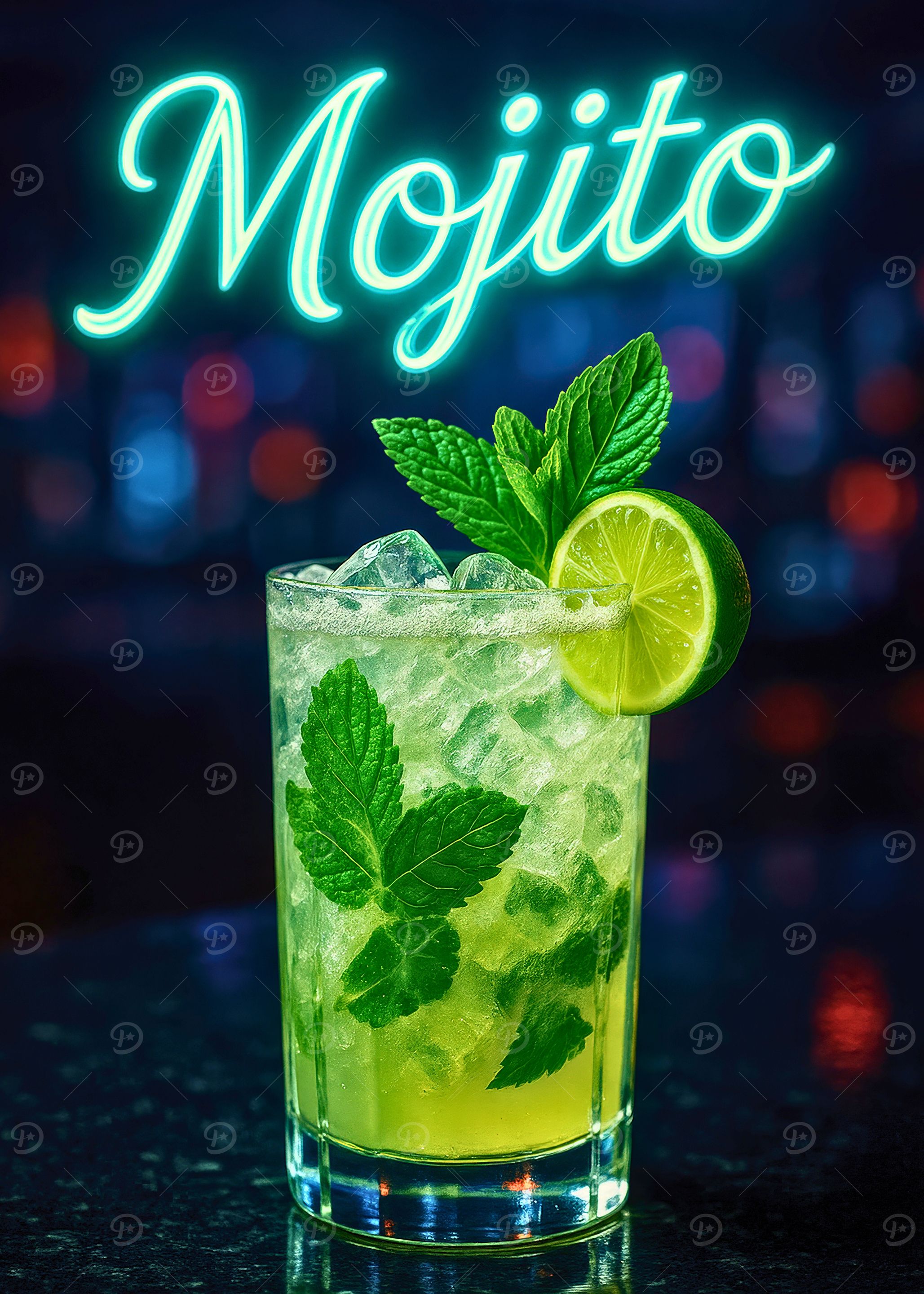 Mojito cocktail with mint and lime garnish in neon-lit glass with crushed ice