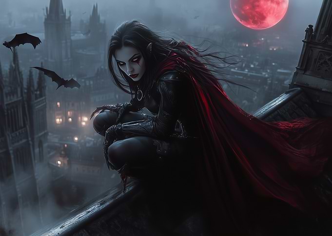 Vampire on Rooftop with Red Moon