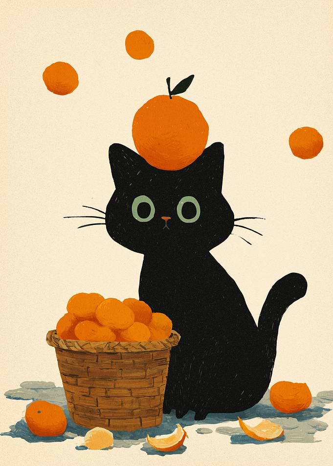 Black Cat with Oranges Illustration