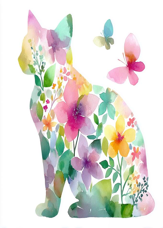 Floral Cat Watercolor with Butterflies