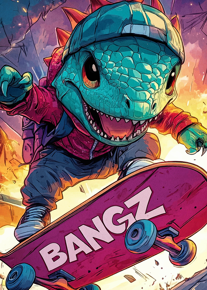 Dinosaur Skateboarder with 'BANGZ' Board