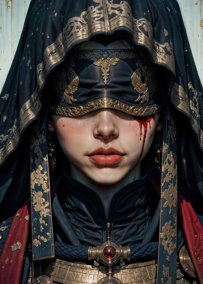 The Crimson Oracle: Veiled Mystery in Golden Garb