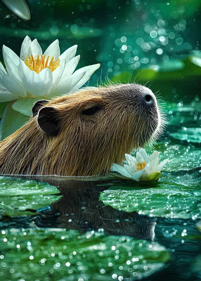 Capybara in Water with Lily Pads