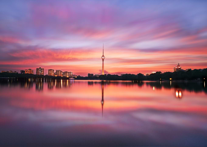 beijing skyline at sunset reflection