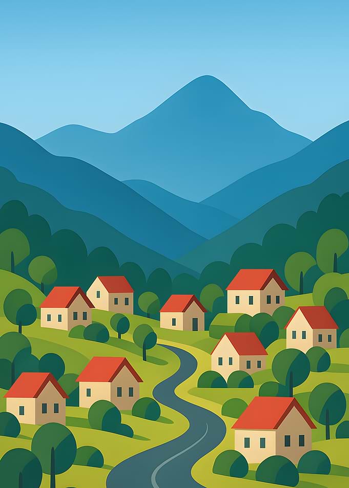 Stylized Village Landscape with Mountains
