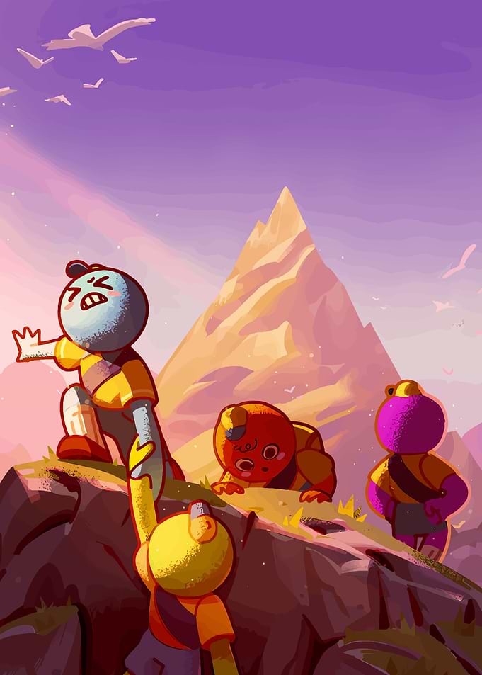 Cartoon Characters Climbing a Mountain