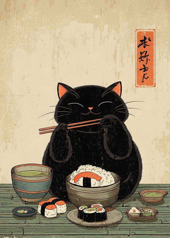 Black Cat Enjoying Sushi Feast