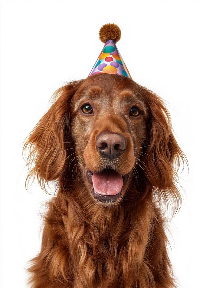 Happy Irish Setter Dog with Party Hat