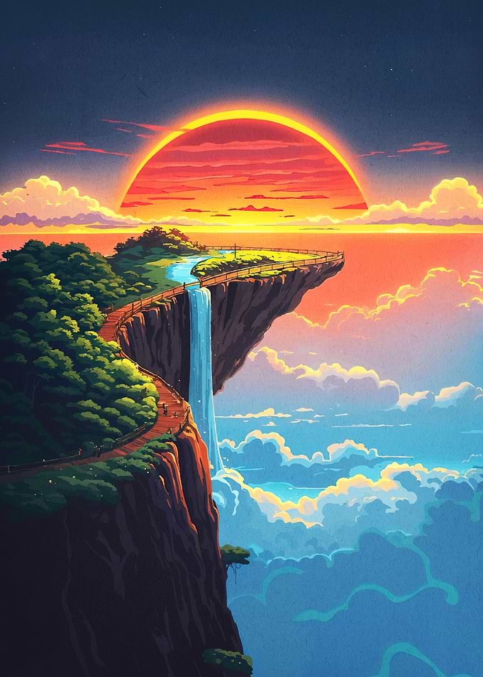Cliffside Waterfall Landscape Sunset